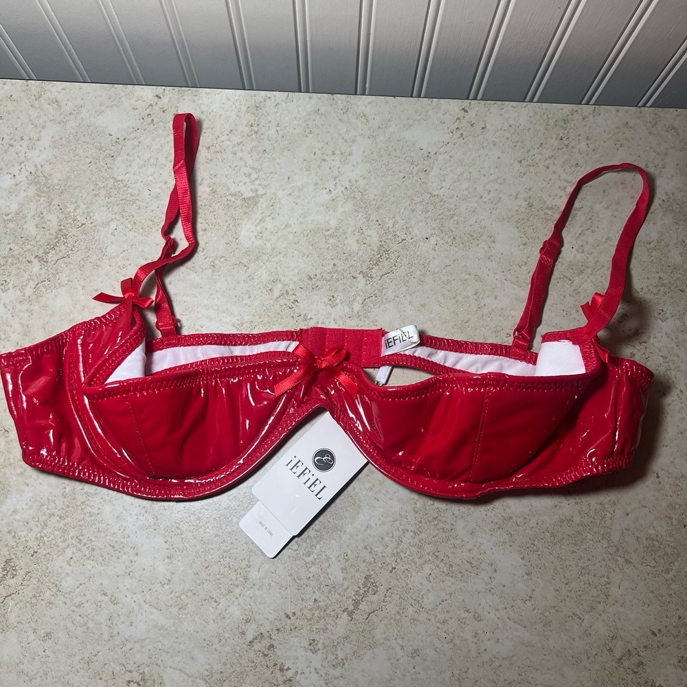 NWT iEFiEL Red Patent Leather Open Cup Bra Underwire Bralette Lingerie Size XL